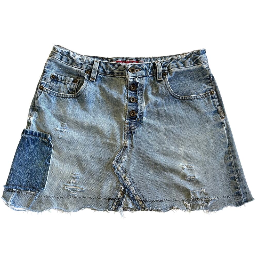 Vintage 90s Rework Silver Jeans Distressed Button Fly Denim Skirt Size 31 Grunge